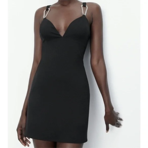 zara black mini dress with rhinestone straps Mini Dress With Rhinestone Straps, Zara